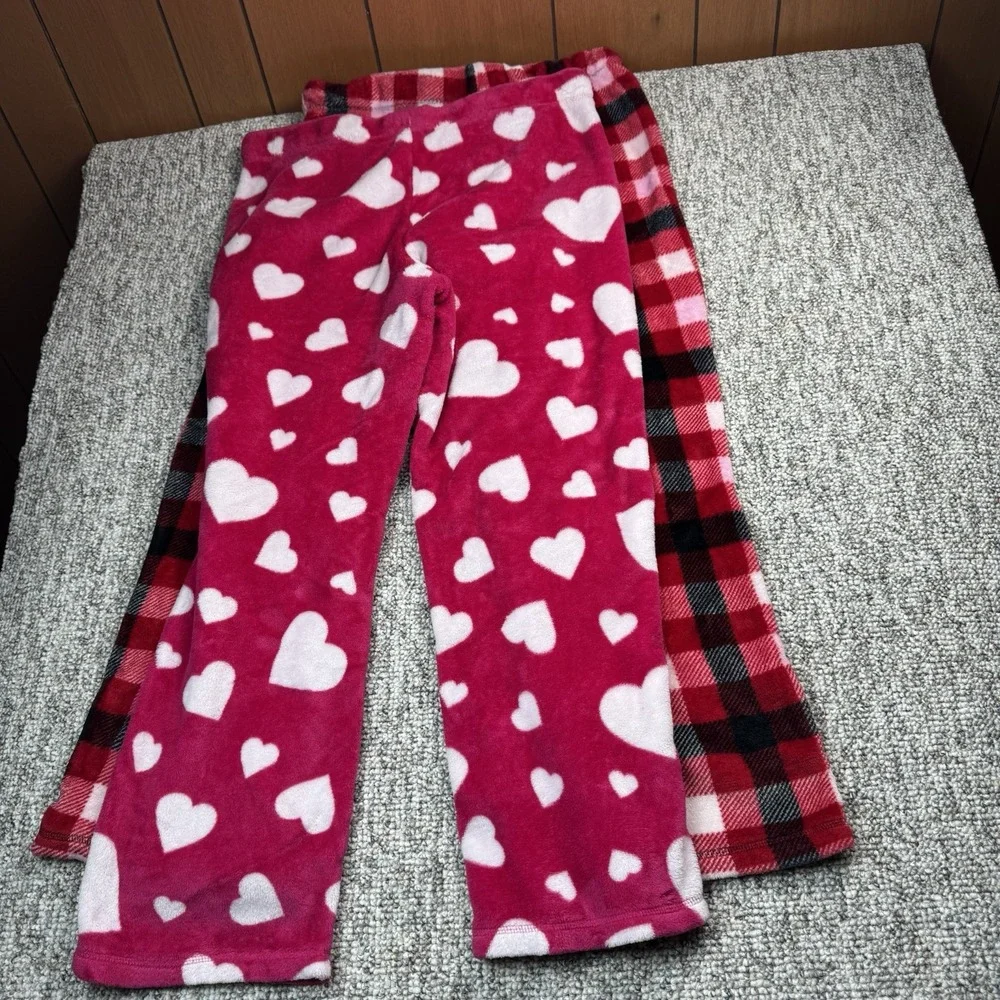 Faded Glory Lot of 2 Womens Large Sleepwear Pants Plaid Hearts Red Pink Pajama